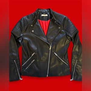 Black Leather Moto Biker Bomber Jacket with Red Lining✨ Large ✨
